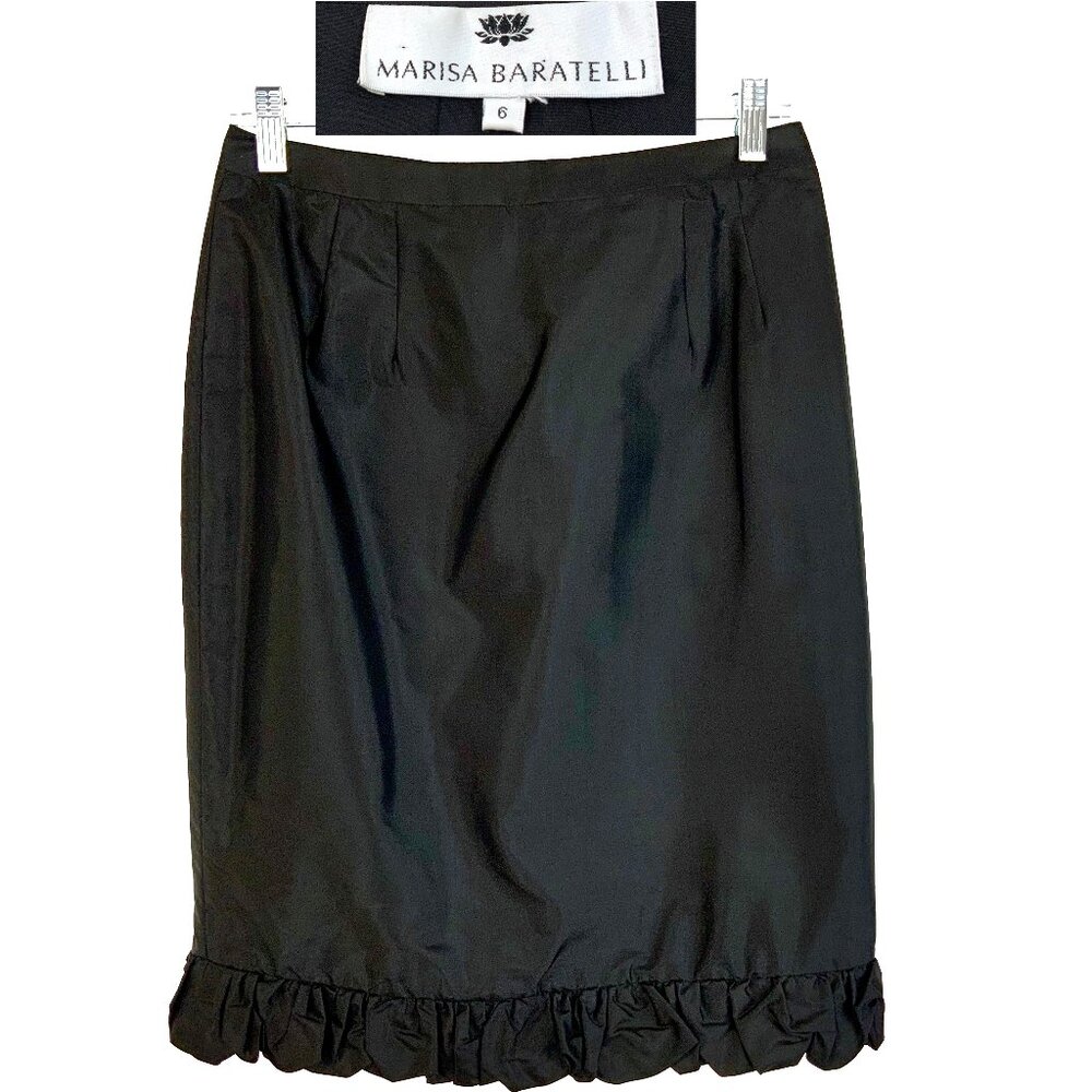 Marisa Baratelli 100% Silk Knee-Length Black Pencil Skirt Puff Hemline Sz 6